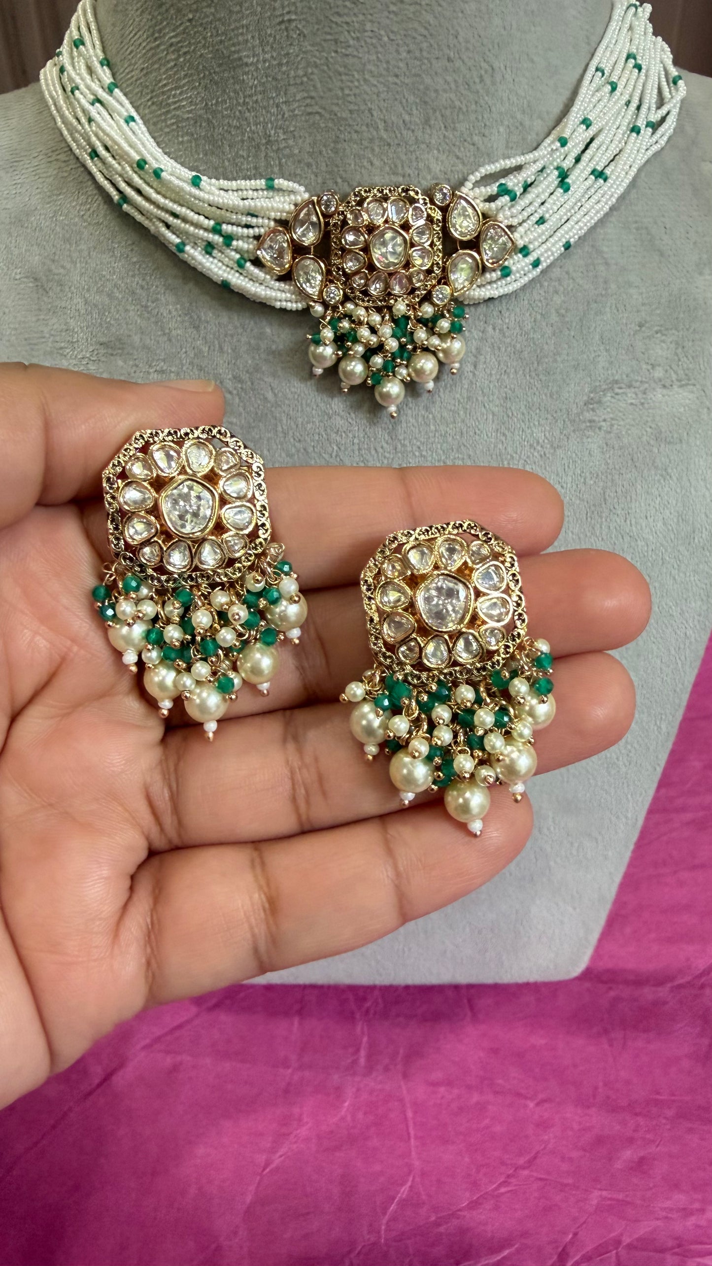 Meher Emerald Pearl Moissanite Necklace Set