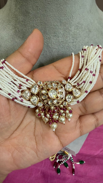Meher Ruby Pearl Moissanite Necklace Set