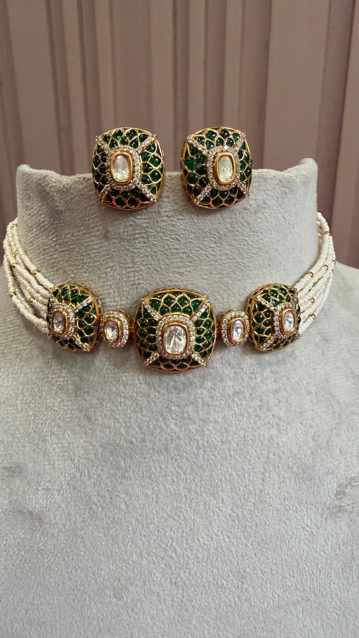 Adhira Emerald Moissanite Beaded Necklace Set