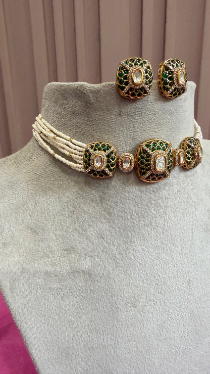 Adhira Emerald Moissanite Beaded Necklace Set