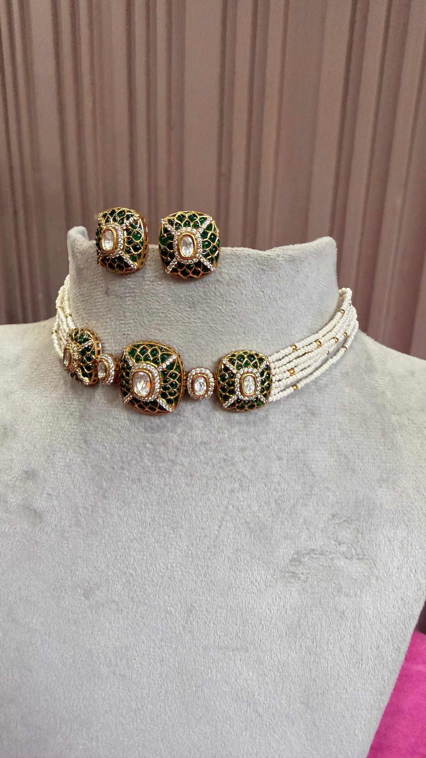 Adhira Emerald Moissanite Beaded Necklace Set
