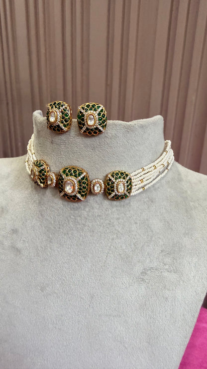 Adhira Emerald Moissanite Beaded Necklace Set