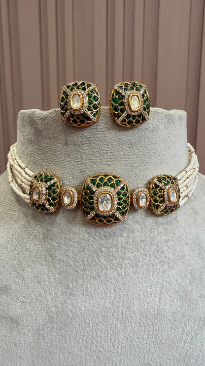 Adhira Emerald Moissanite Beaded Necklace Set