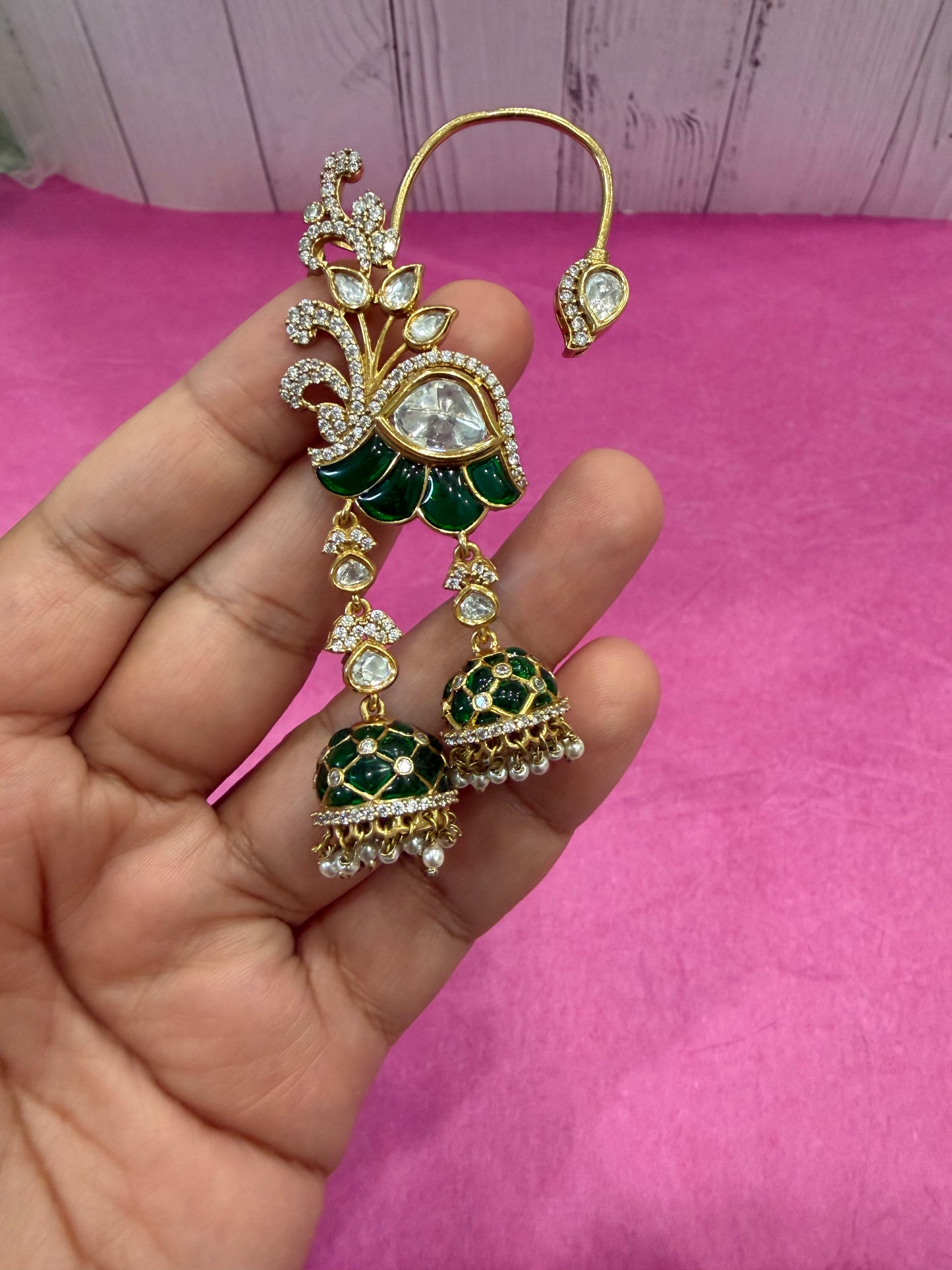 Kiara Emerald Floral Jhumka Ear Cuffs
