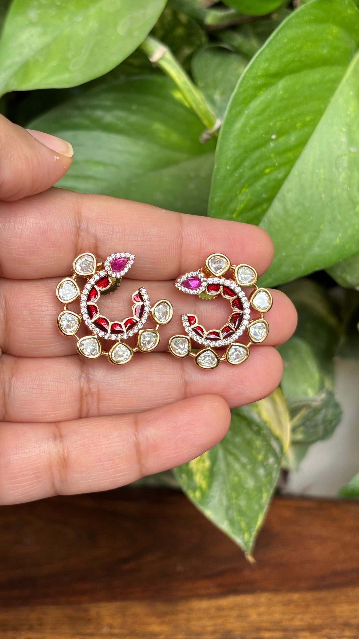 Ira Enamel Polki Moissanite Hoop Earrings