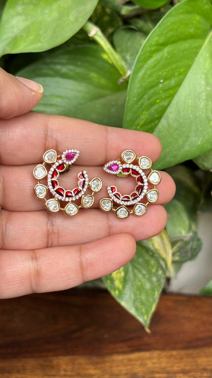Ira Enamel Polki Moissanite Hoop Earrings