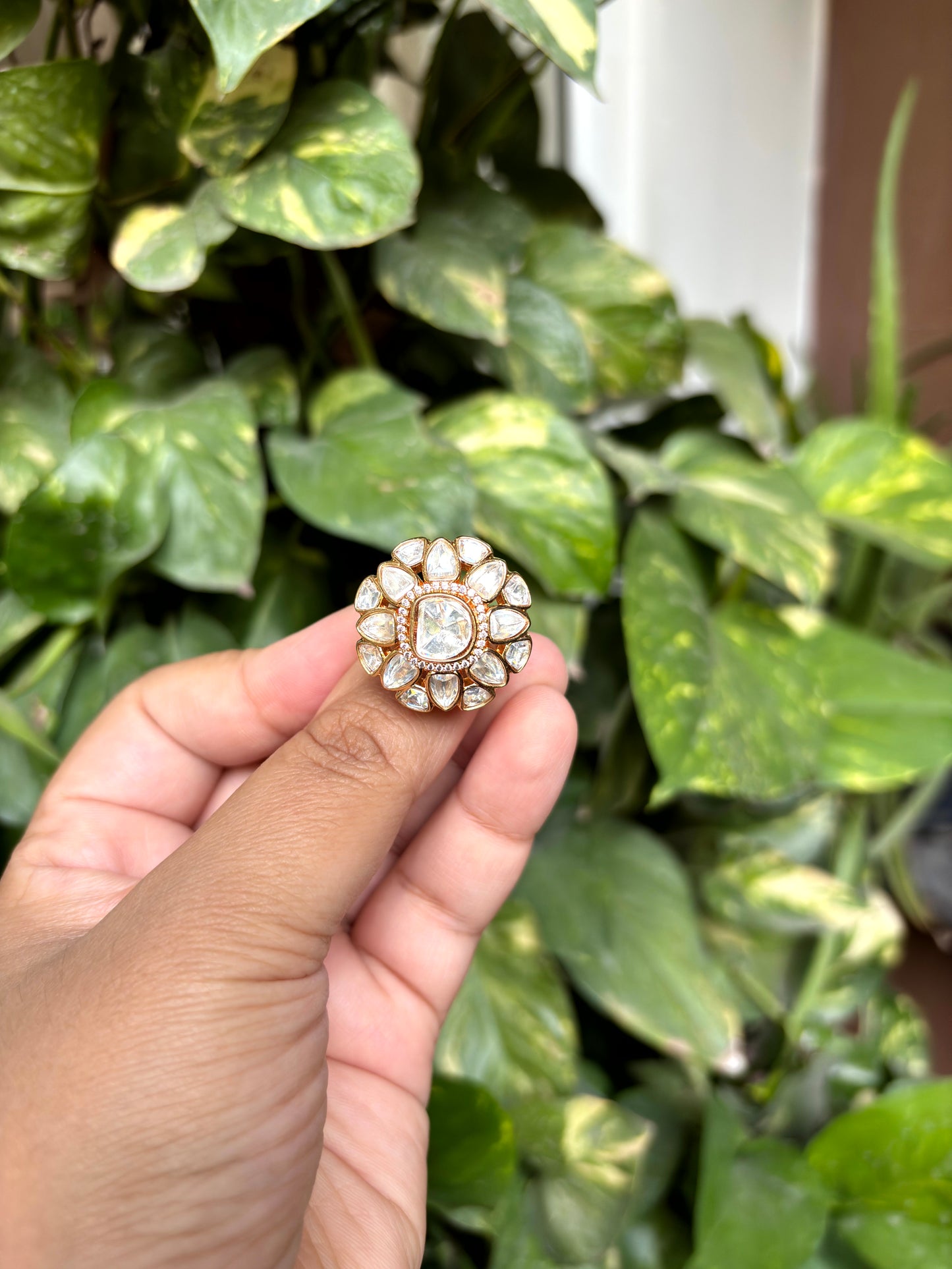Ivory Moissanite Floral Adjustable Ring - 