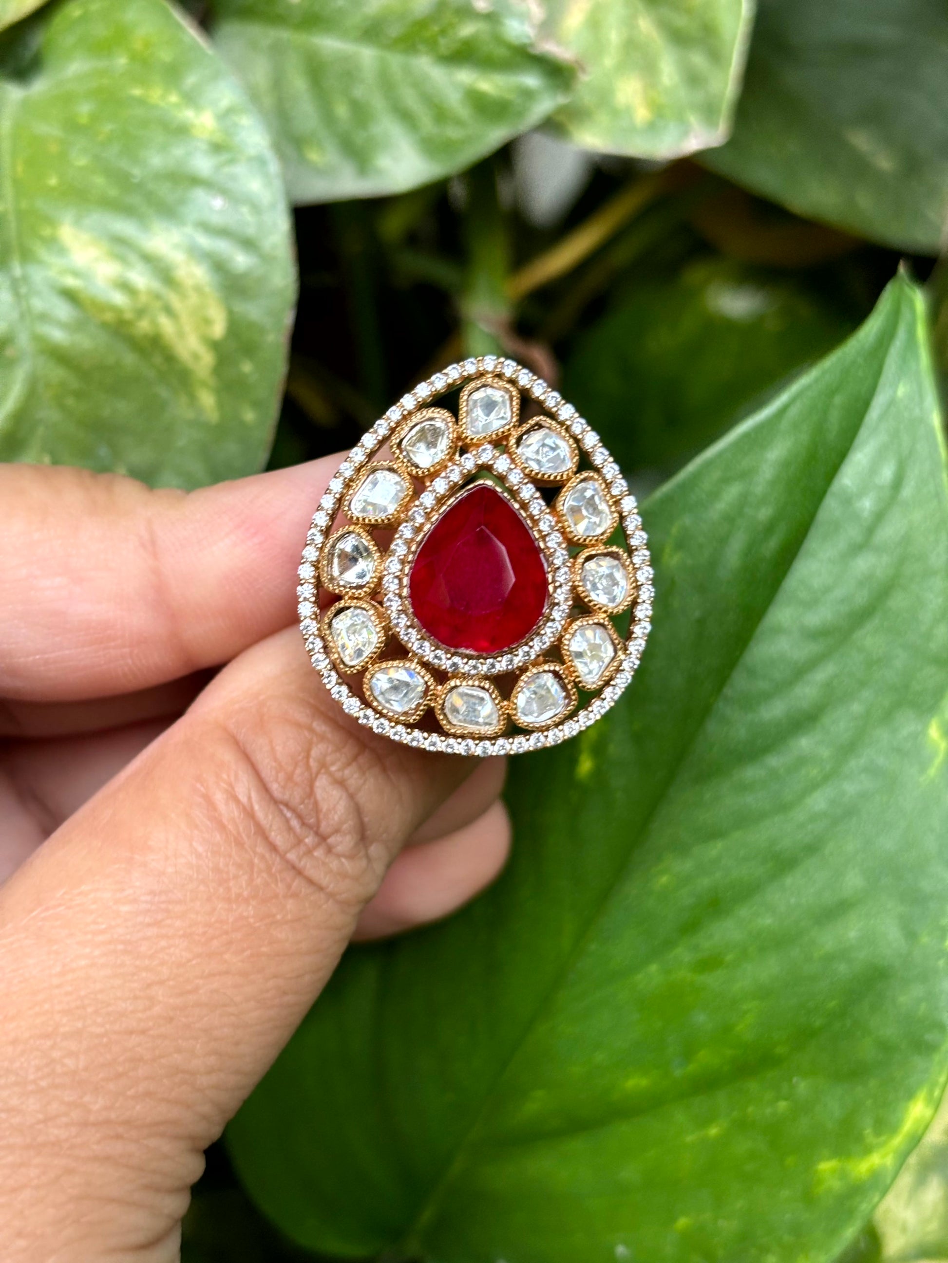 Ruby Teardrop Moissanite Adjustable Ring - 