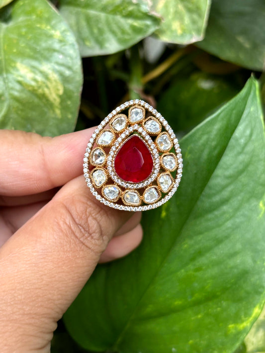 Ruby Teardrop Moissanite Adjustable Ring - 