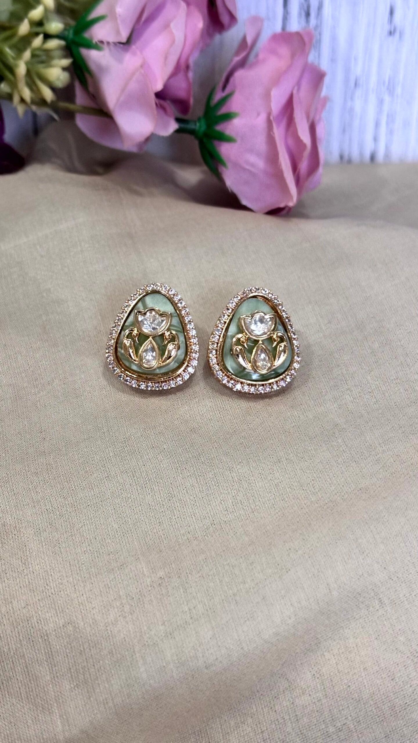 Anvi Mint Green Polki Moissanite Stud Earrings - 