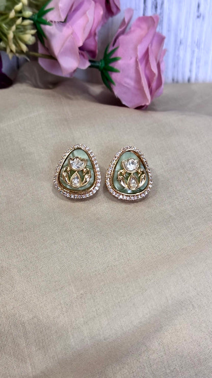 Anvi Mint Green Polki Moissanite Stud Earrings - 