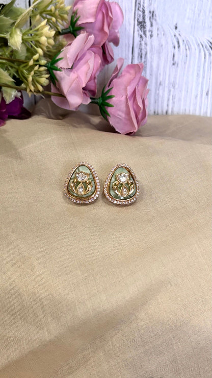 Anvi Mint Green Polki Moissanite Stud Earrings - 