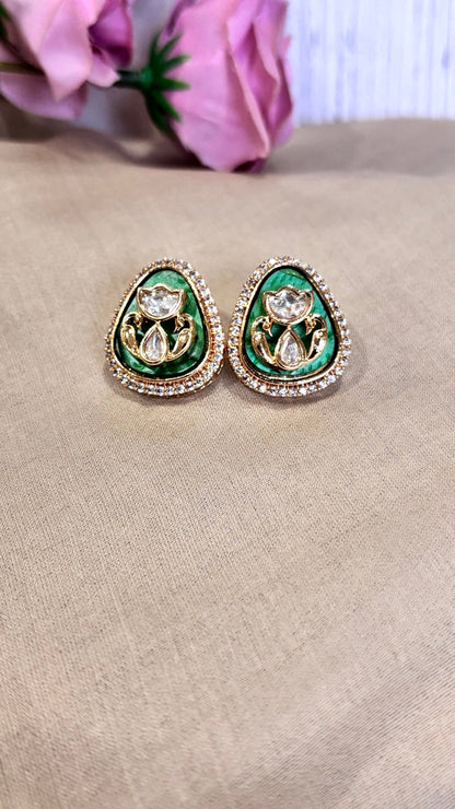 Anvi Cobalt Green Polki Moissanite Stud Earrings - 