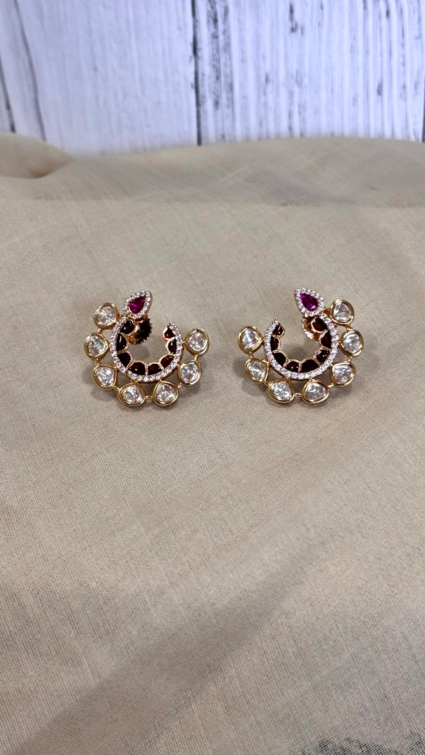 Ira Enamel Polki Moissanite Hoop Earrings - 