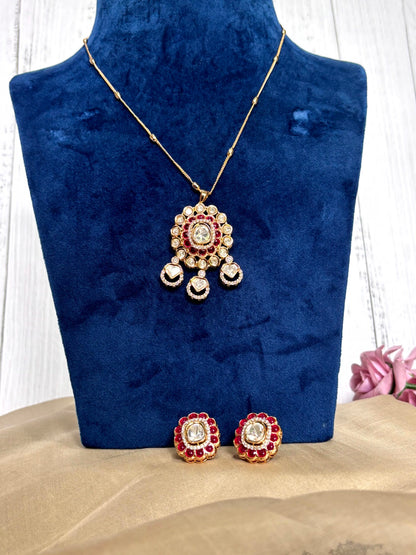 Aarohi Ruby Moissanite Polki Pendant Set - A-25-N-M-1NBFD-BJ