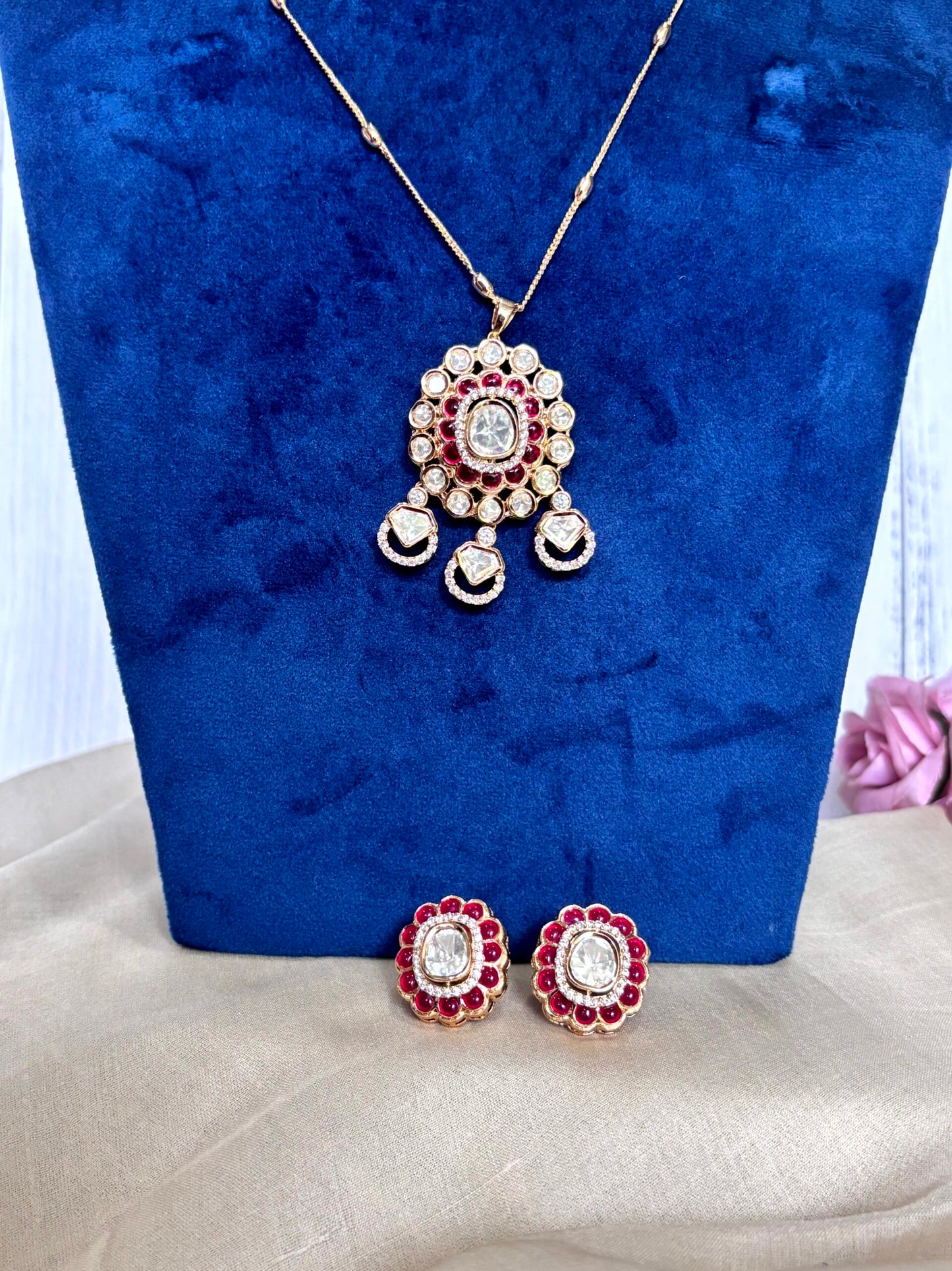 Aarohi Ruby Moissanite Polki Pendant Set - A-25-N-M-1NBFD-BJ