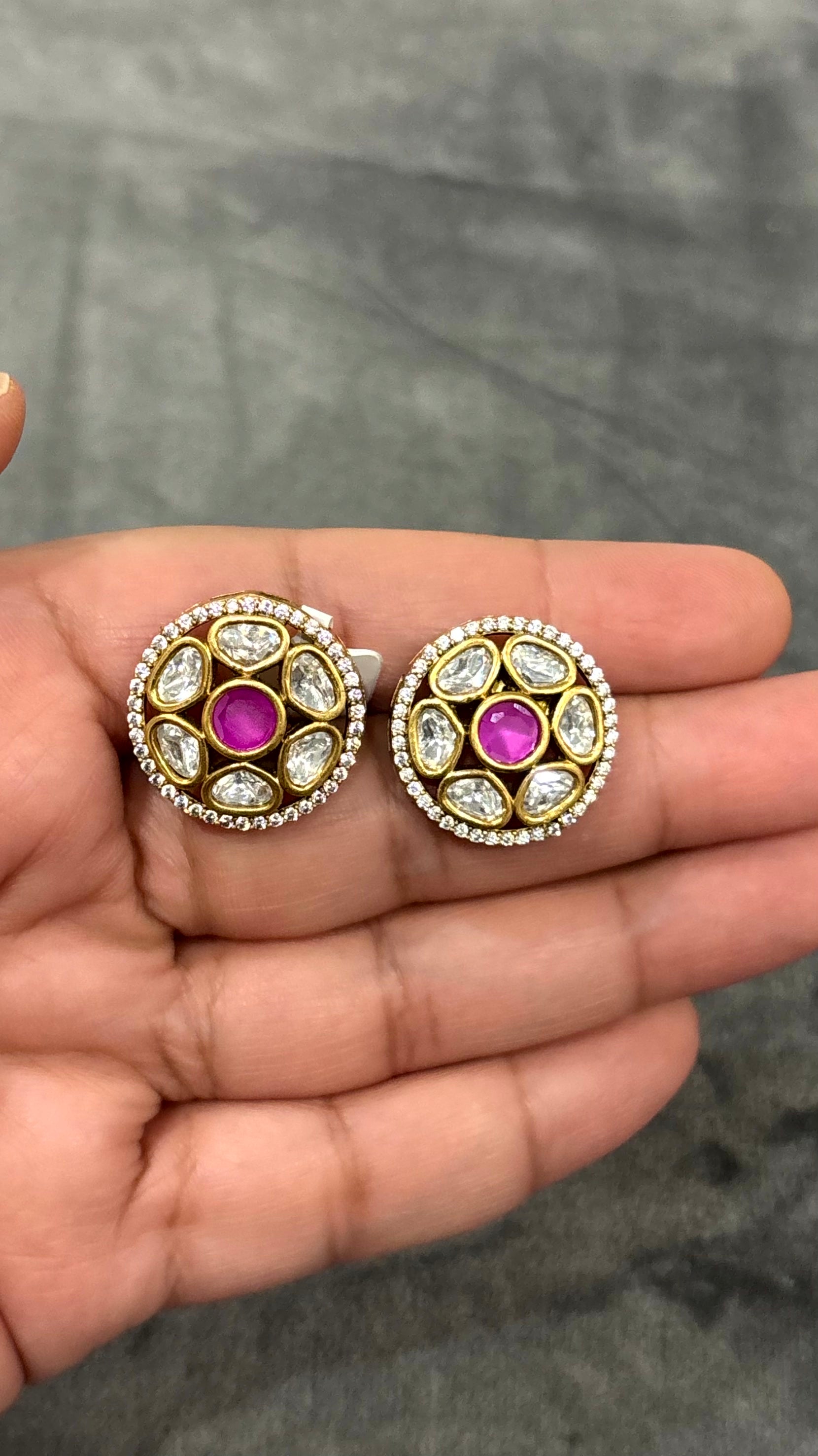 Kiara Ruby Polki Moissanite Stud Earrings - 