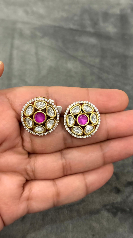 Kiara Ruby Polki Moissanite Stud Earrings - 