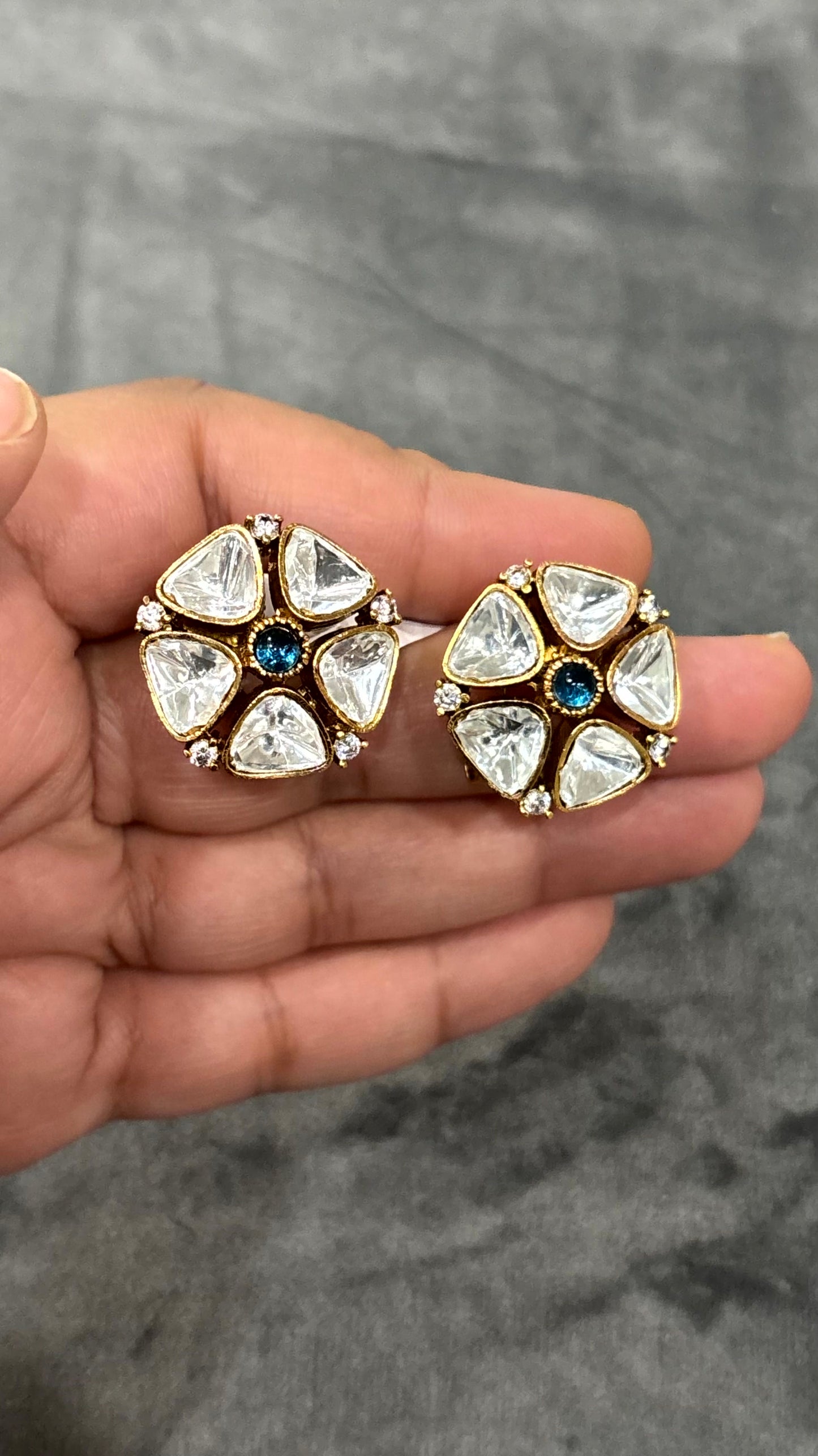 Amber Blue Floral Polki Moissanite Stud Earrings - 