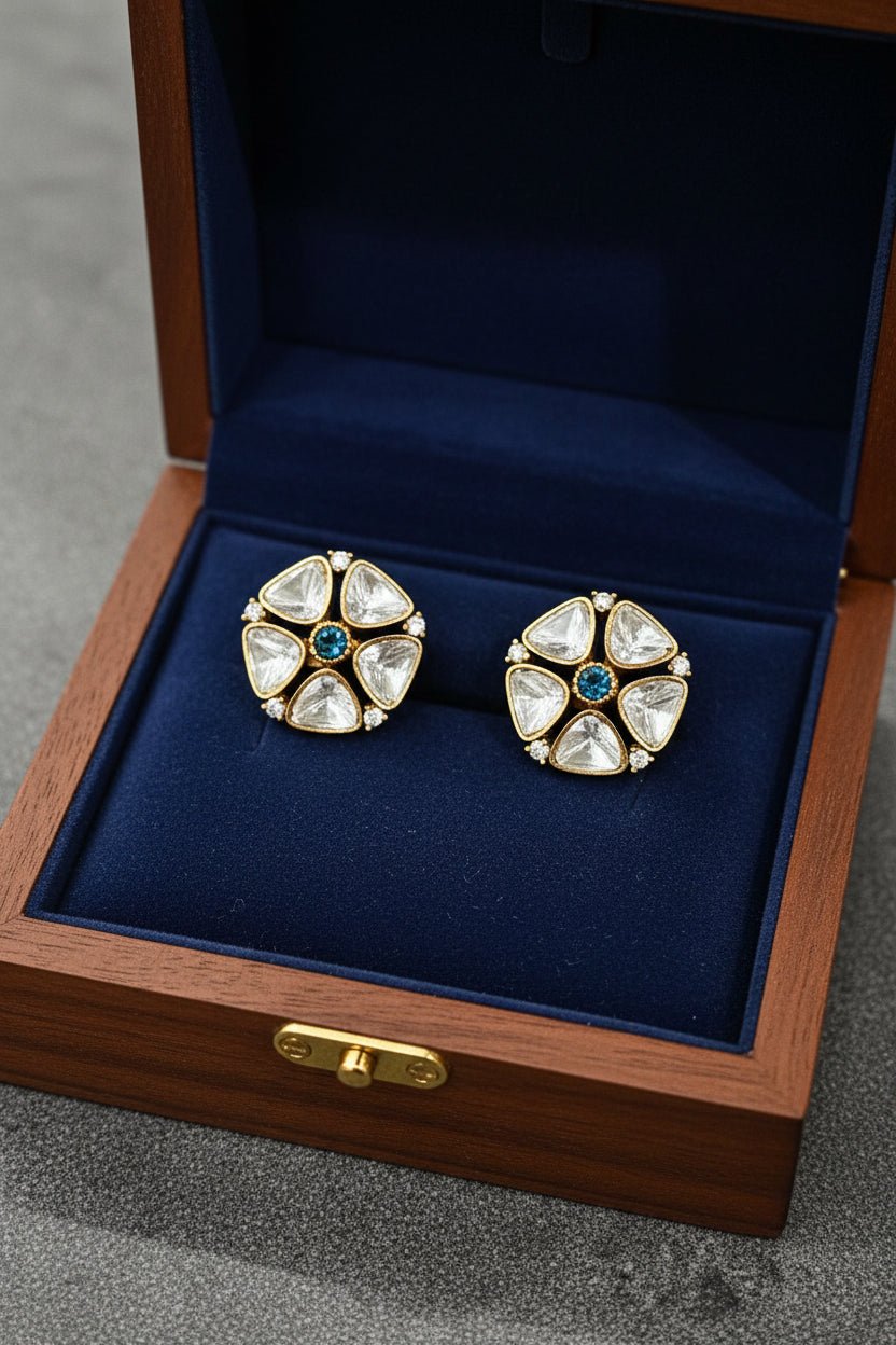 Amber Blue Floral Polki Moissanite Stud Earrings - 