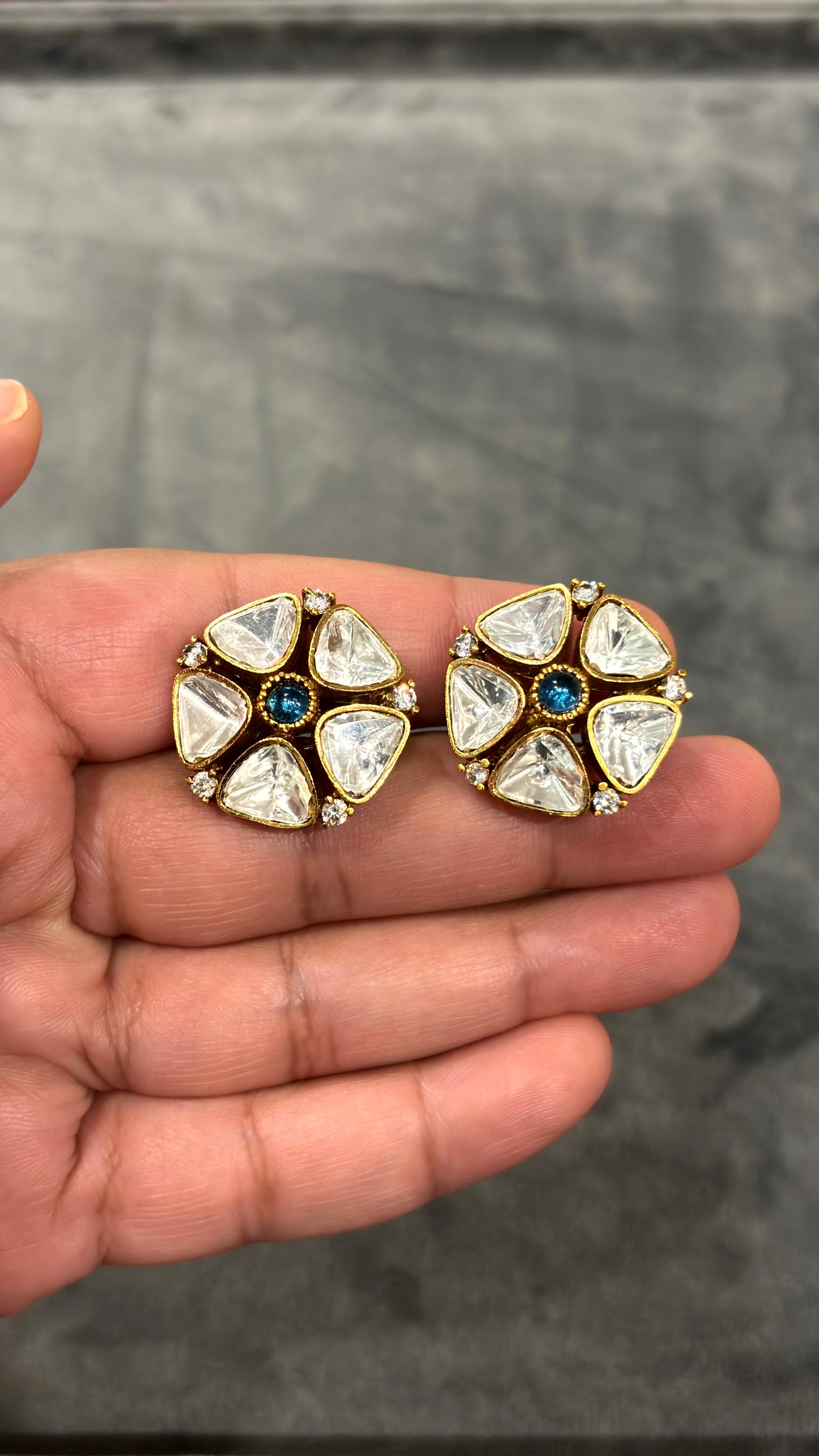 Amber Blue Floral Polki Moissanite Stud Earrings - 