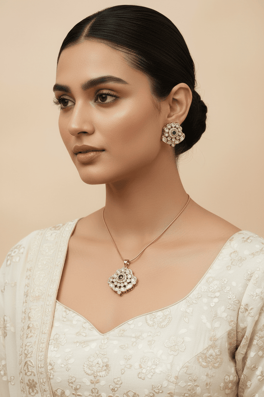 Riya Gardenia Moissanite Pendant & Earrings Set - A-25-N-M-11SYW-BJ