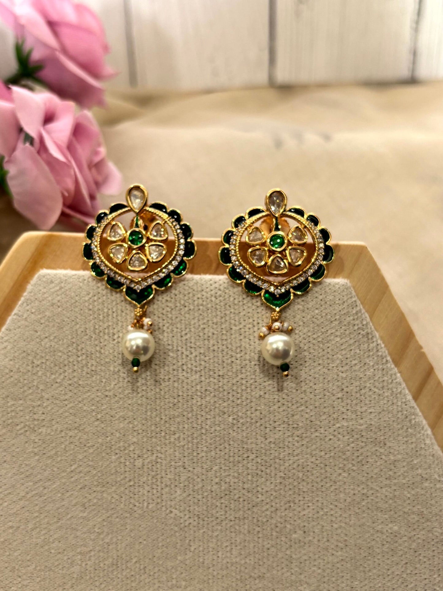 Kyra Green Polki Earrings - 