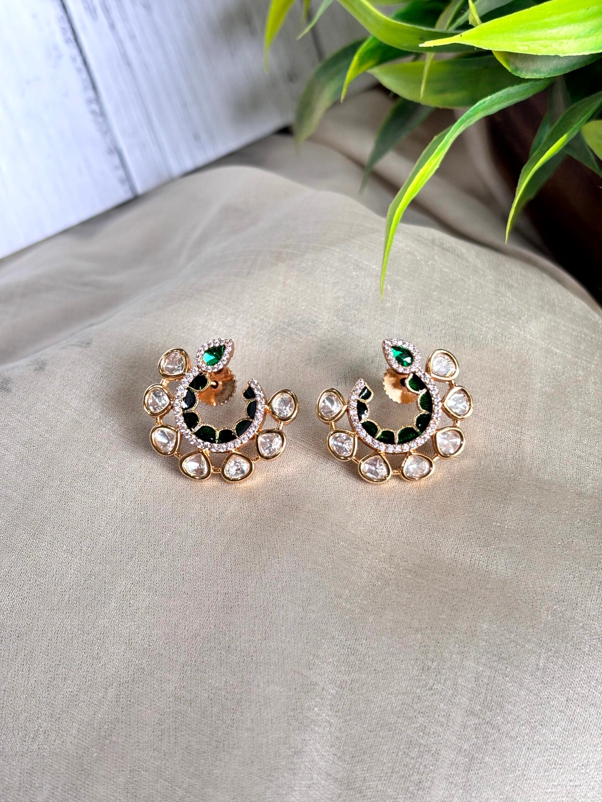Riya Enamel Polki Moissanite Hoop Earrings - 
