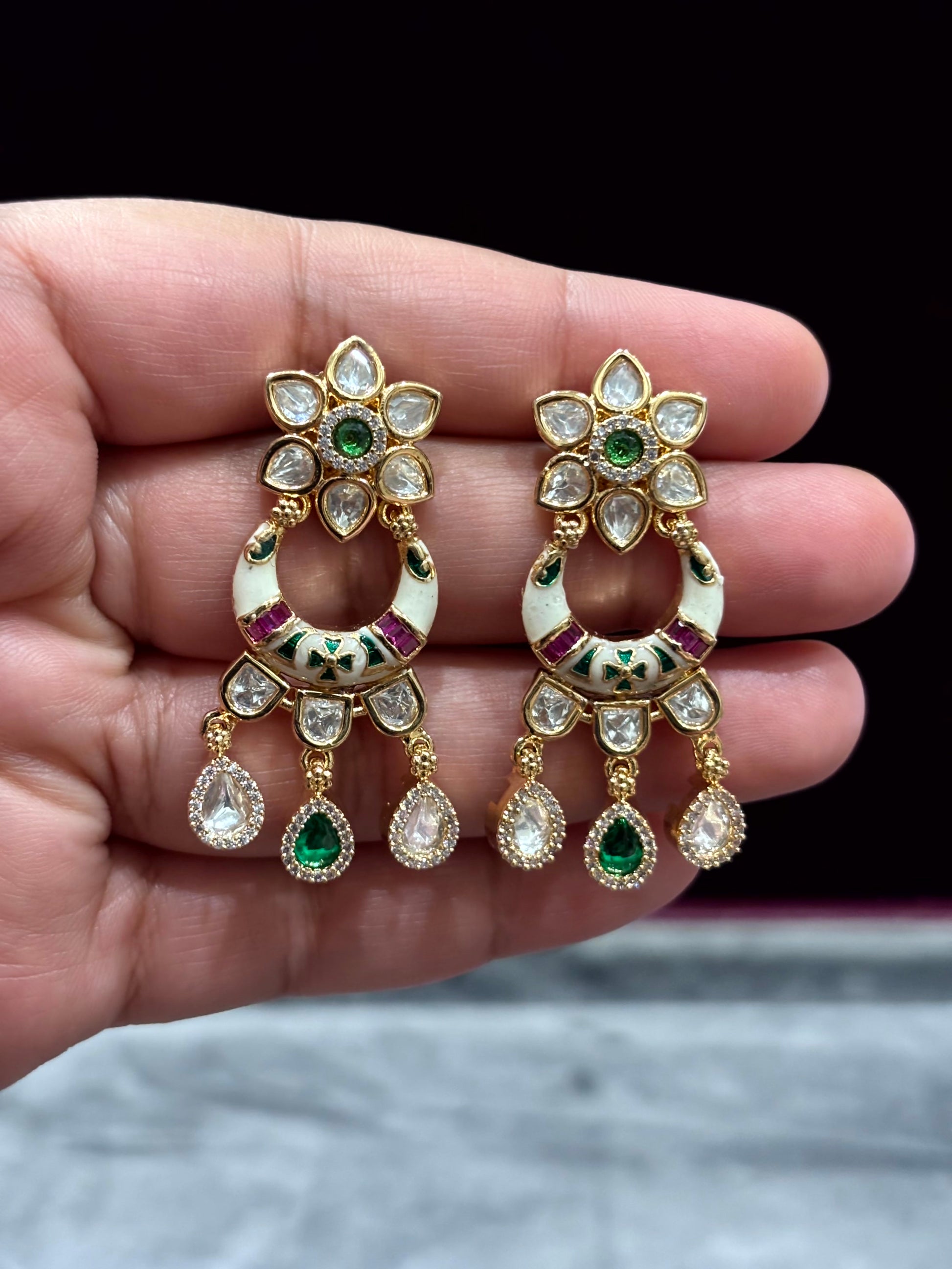 Saira Enamel Floral Moissanite Drop Earrings - 