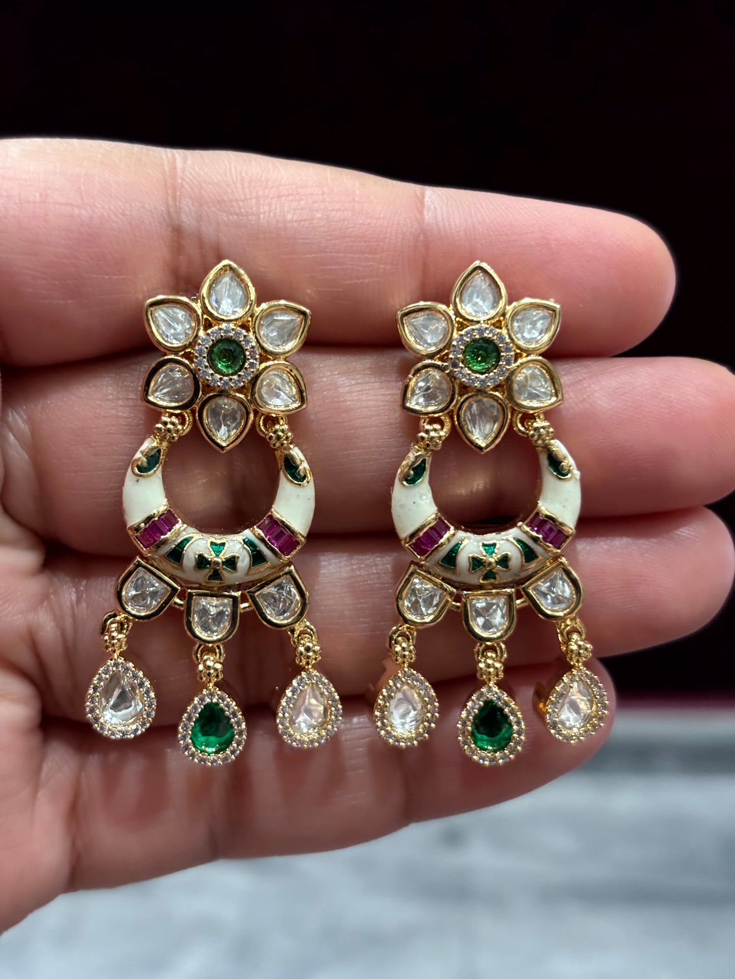 Saira Enamel Floral Moissanite Drop Earrings - 