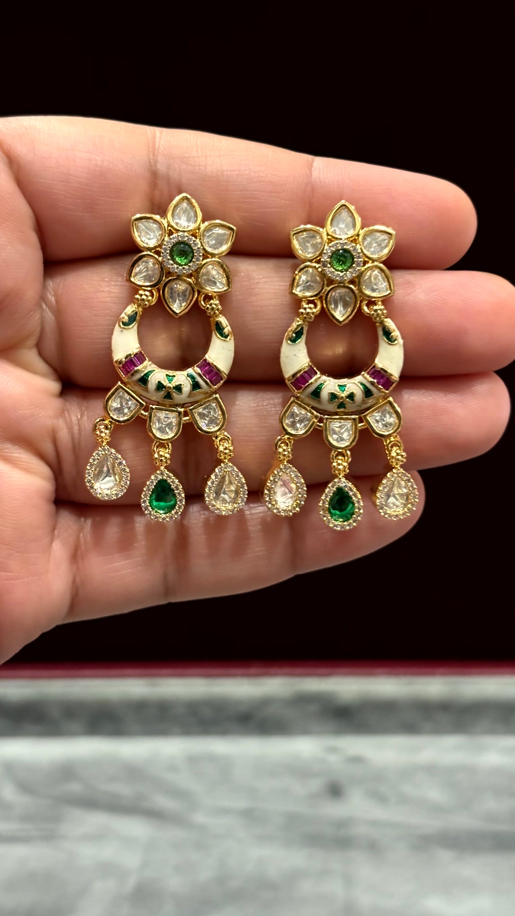 Saira Enamel Floral Moissanite Drop Earrings - 