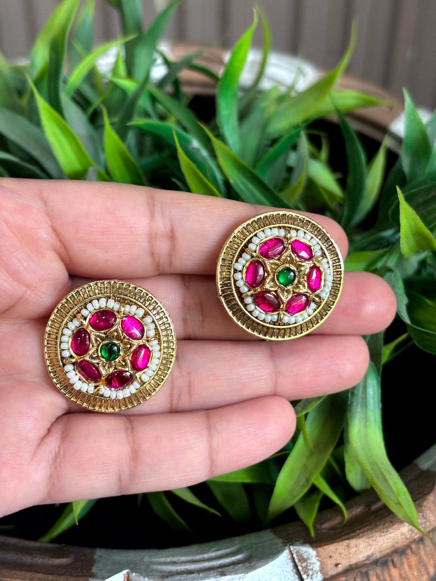 Sanya Ruby Pearl Stud Earrings - 