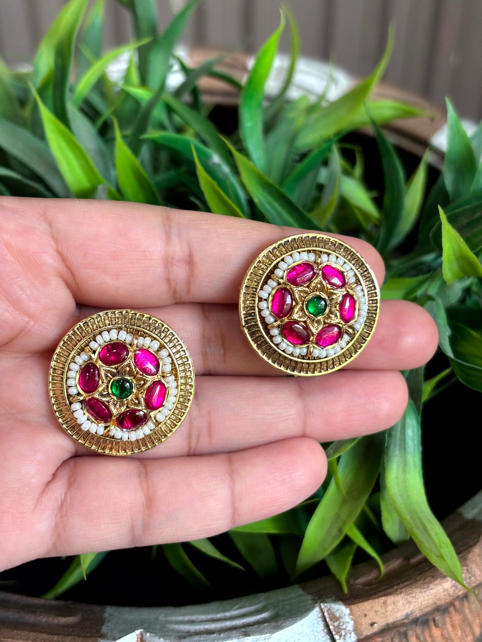 Sanya Ruby Pearl Stud Earrings - 