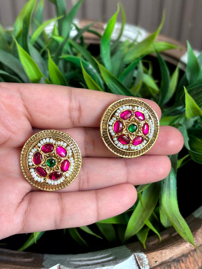 Sanya Ruby Pearl Stud Earrings - 