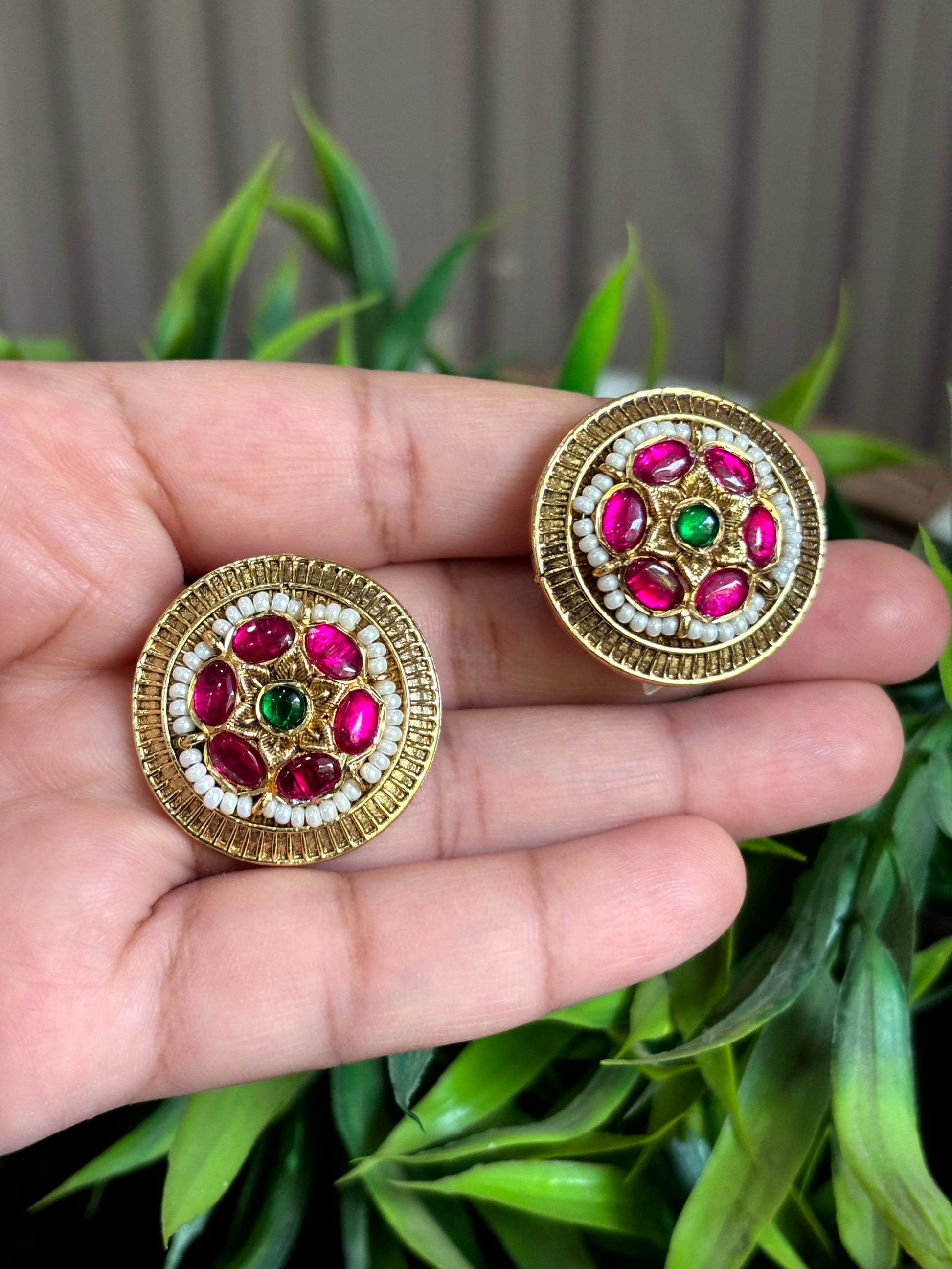 Sanya Ruby Pearl Stud Earrings - 