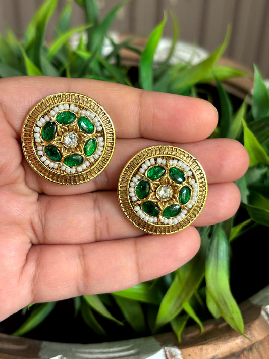 Sanya Emerald Pearl Stud Earrings - 