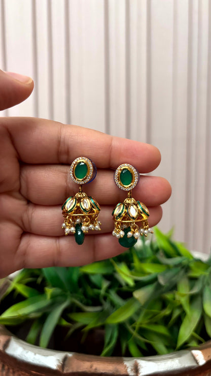 Saanvi Emerald Pearl Jhumki Earrings - 