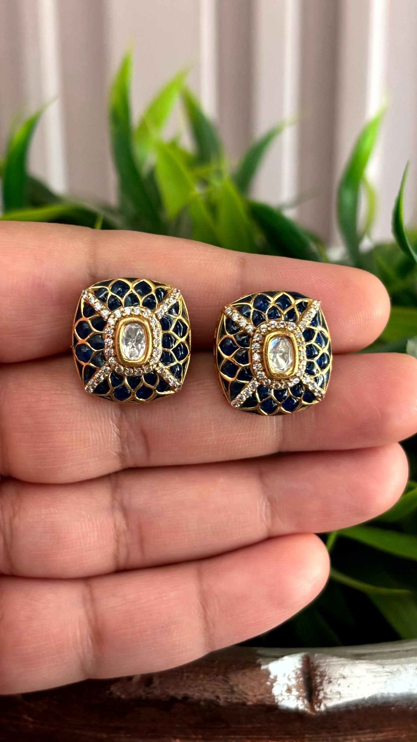 Saanvi Navy Blue Enamel Stud Earrings - 