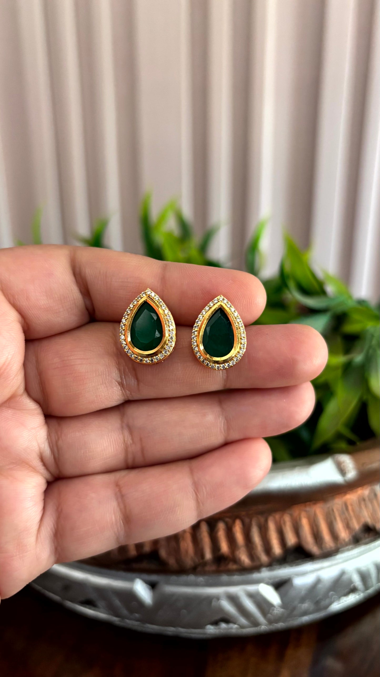 Sia Emerald Teardrop AD Stud Earrings - 