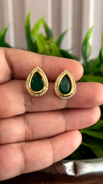 Sia Emerald Teardrop AD Stud Earrings - 
