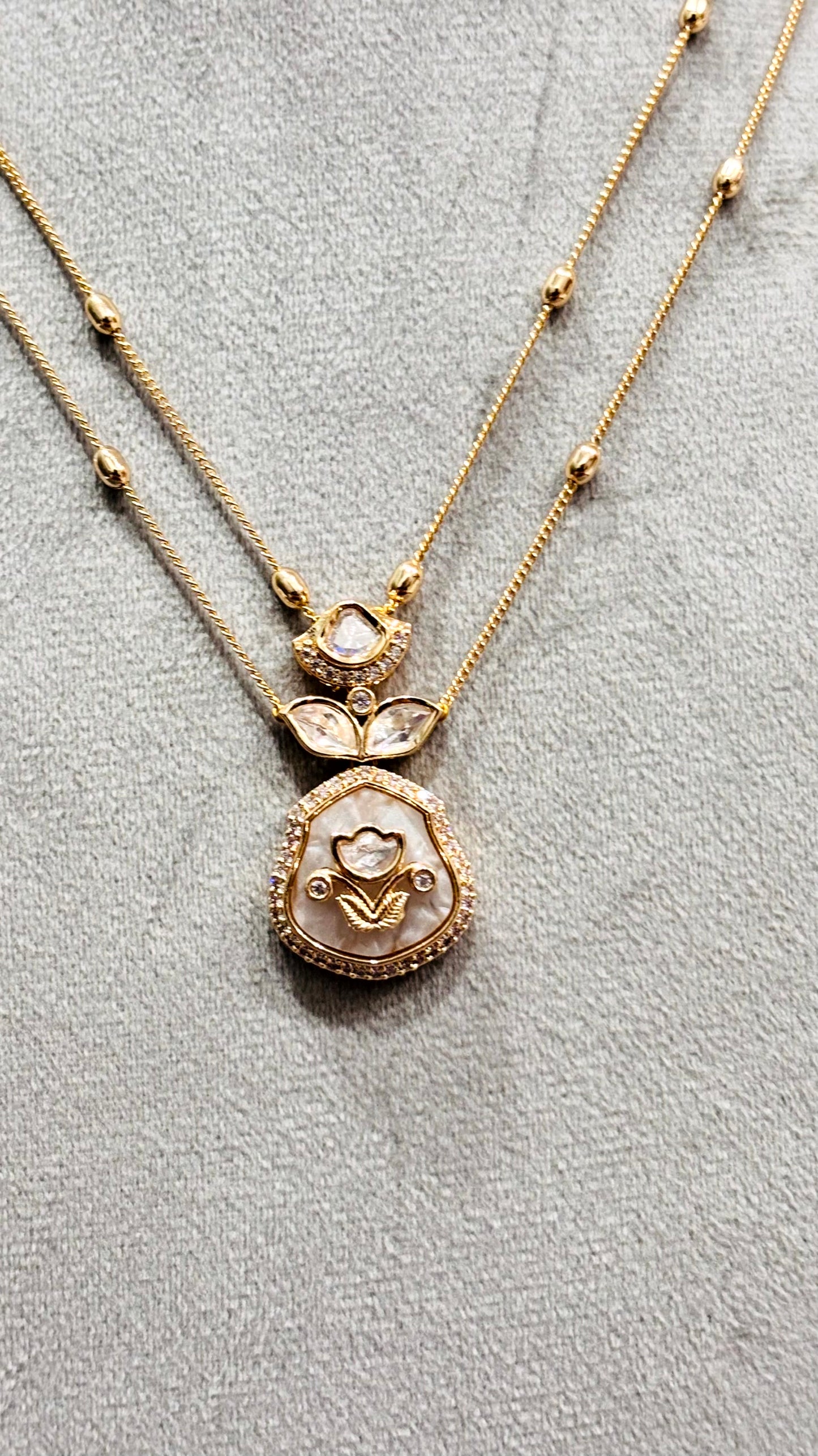 Anvika Beige Floral Moissanite Pendant Necklace Set