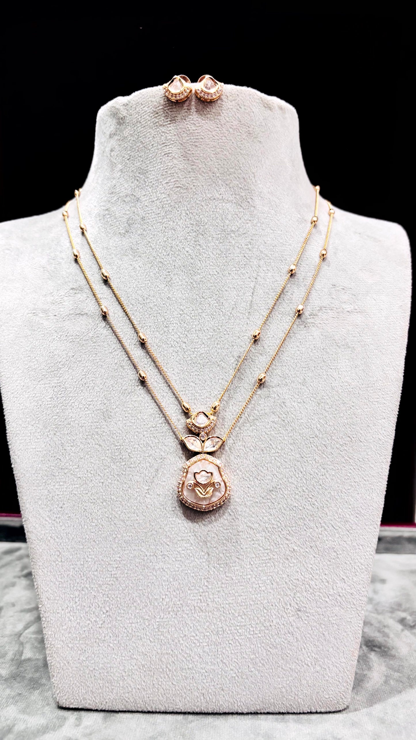 Anvika Beige Floral Moissanite Pendant Necklace Set