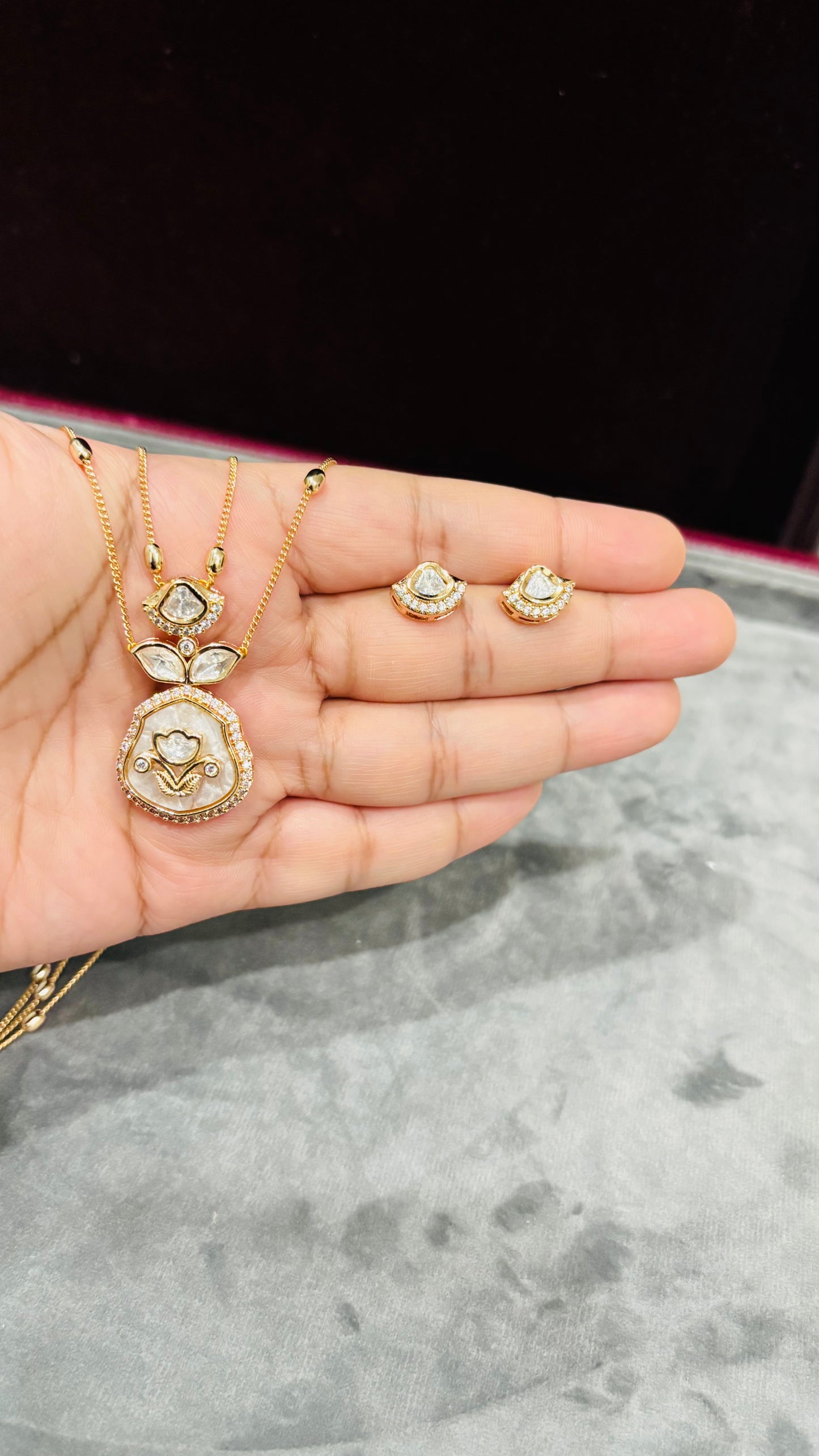 Anvika Beige Floral Moissanite Pendant Necklace Set