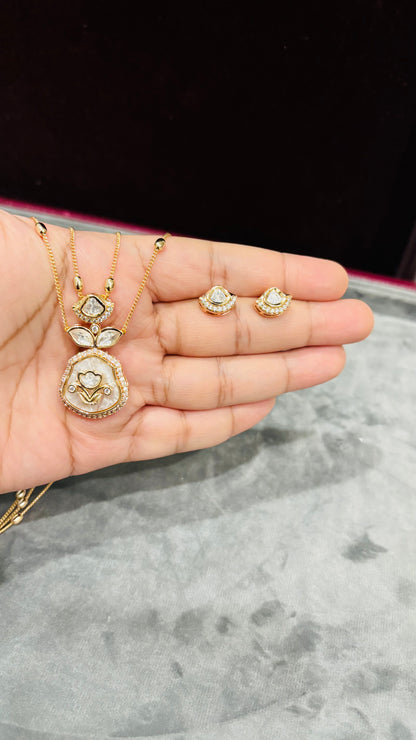 Anvika Beige Floral Moissanite Pendant Necklace Set