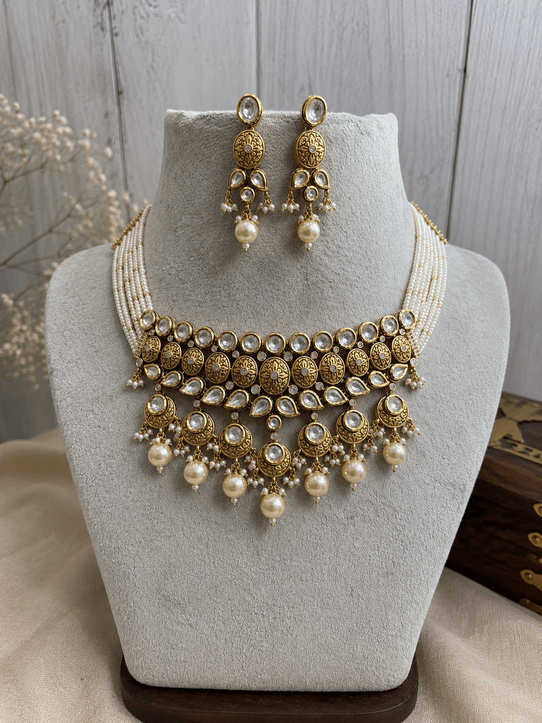 Devika Pearl Kundan Statement Necklace Set - NS120-VAJ