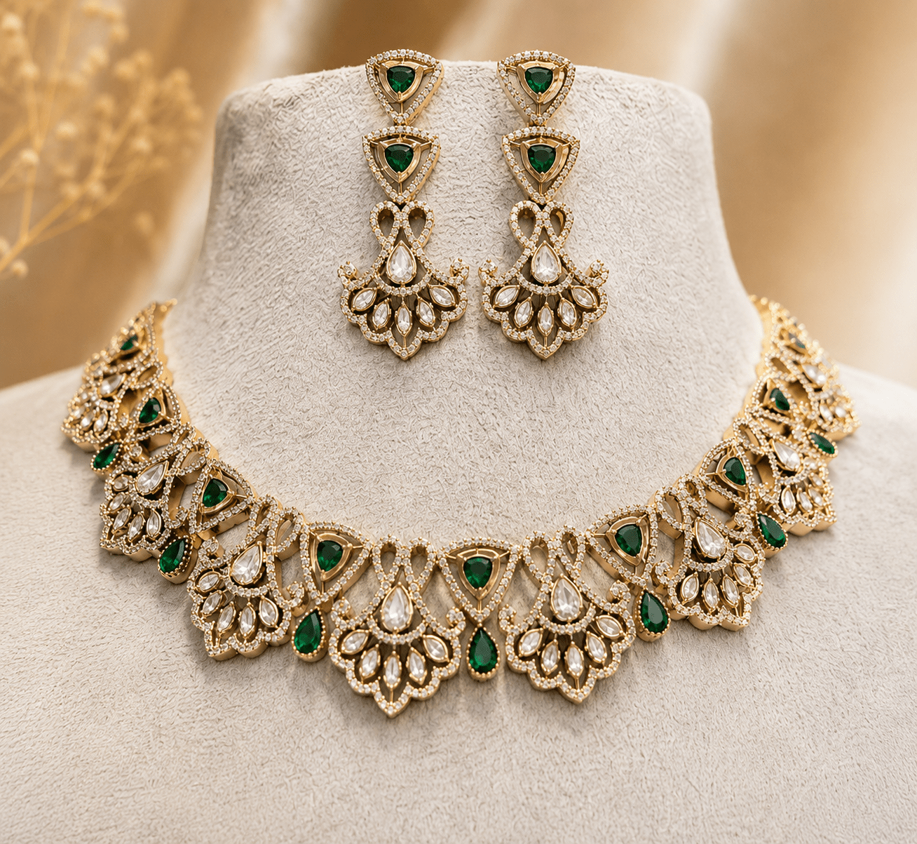 Aaradhya Emerald Floral Moissanite Necklace Set - NS117-VJ