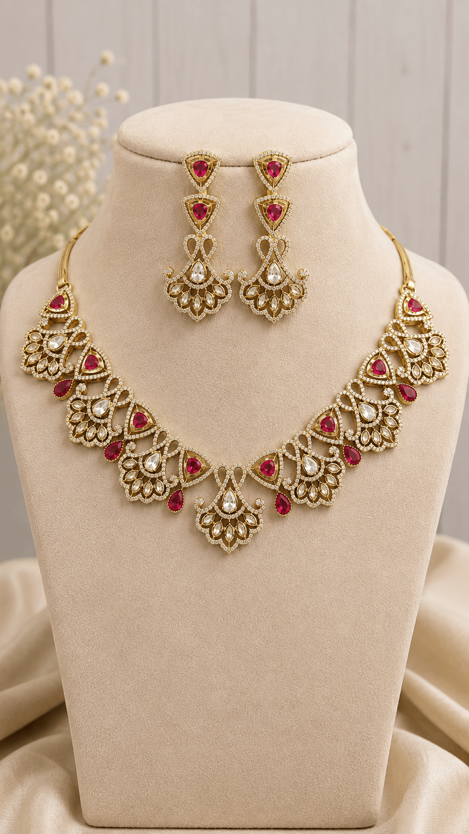 Aaradhya Ruby Floral Moissanite Necklace Set - NS118-VJ