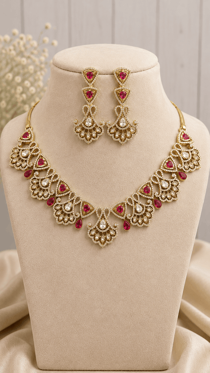 Aaradhya Ruby Floral Moissanite Necklace Set - NS118-VJ