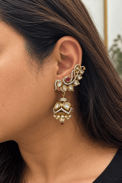 Ishita Ruby Peacock Jhumka Ear Cuffs - 