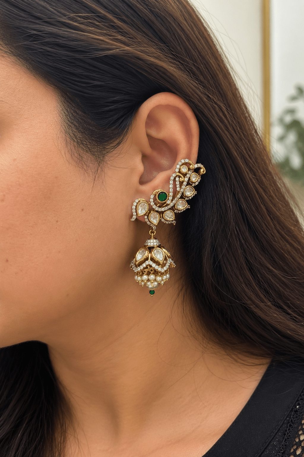 Ishita Emerald Peacock Jhumka Ear Cuffs - 